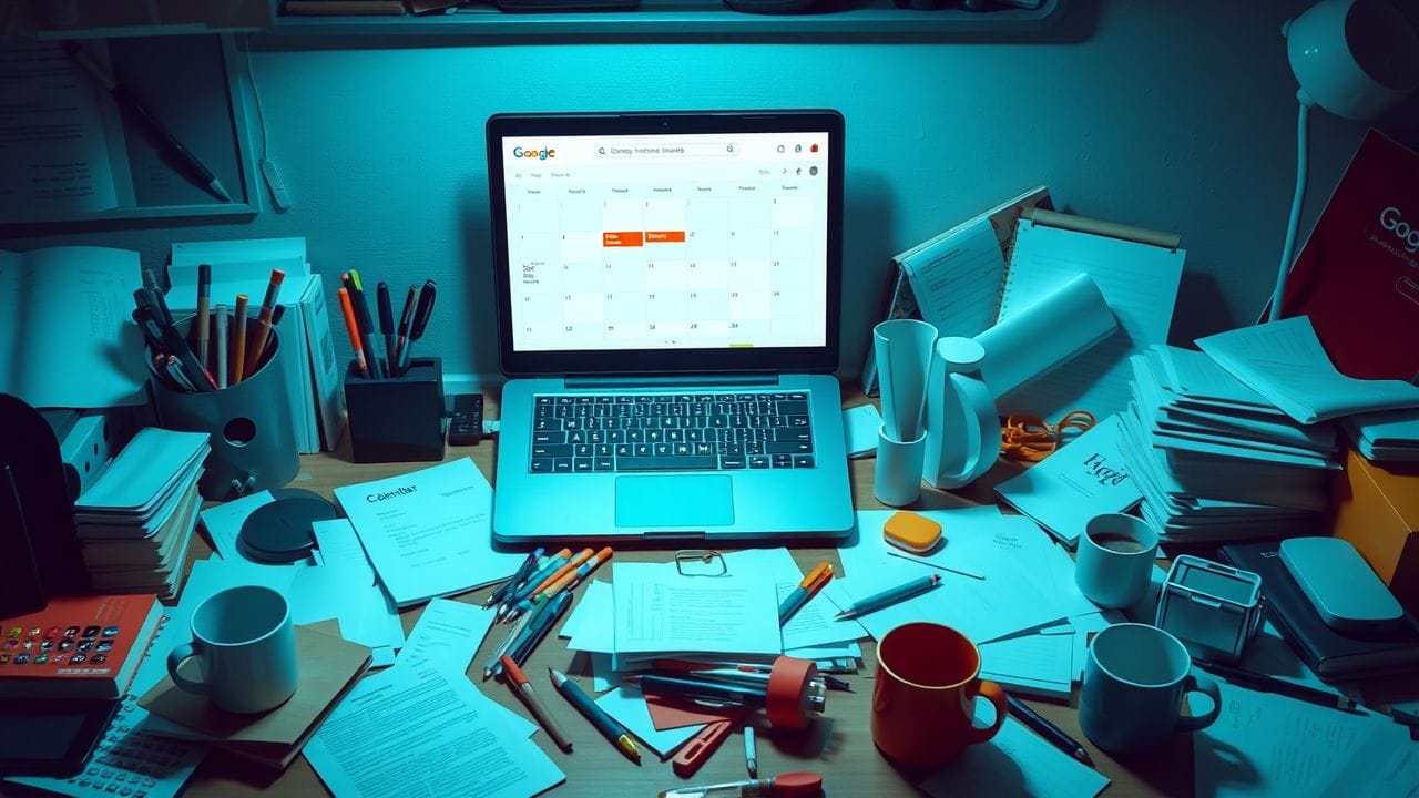 Een rommelig bureau met een open laptop en papieren.