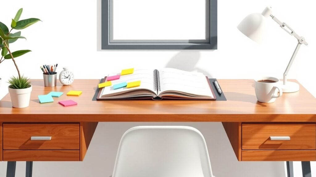 Een nette thuiswerkplek met kleurrijke notities, een laptop en koffie.