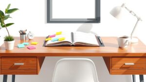 Een nette thuiswerkplek met kleurrijke notities, een laptop en koffie.