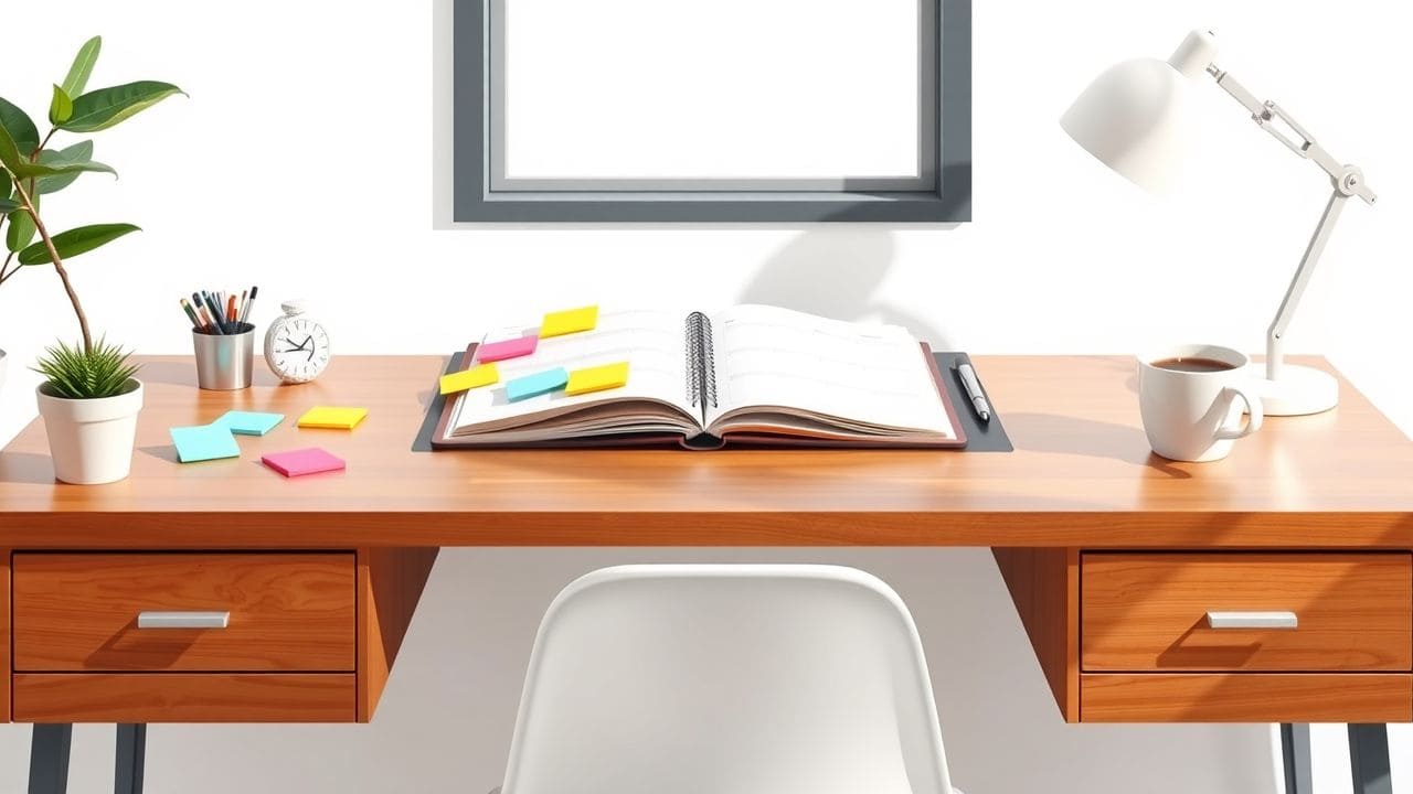 Een nette thuiswerkplek met kleurrijke notities, een laptop en koffie.