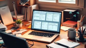 Een gezellig thuiskantoor met een open laptop en projectplanningssjablonen.