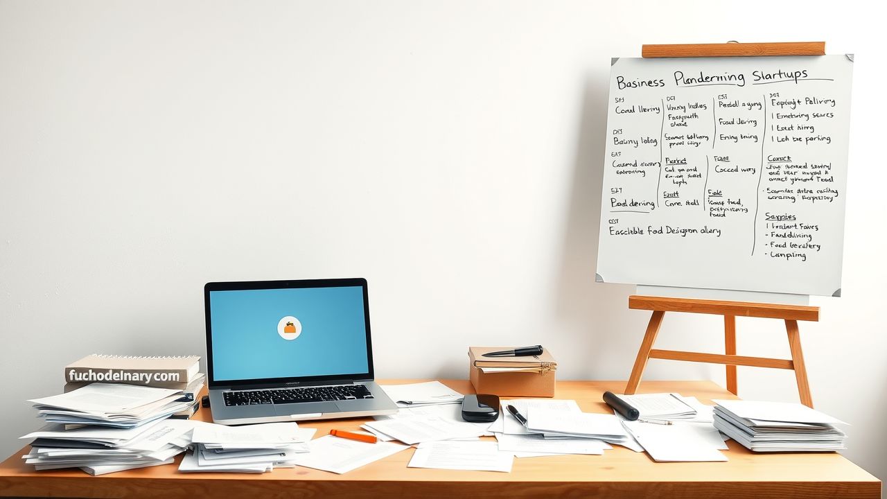 Een rommelig bureau met een open laptop en een whiteboard.