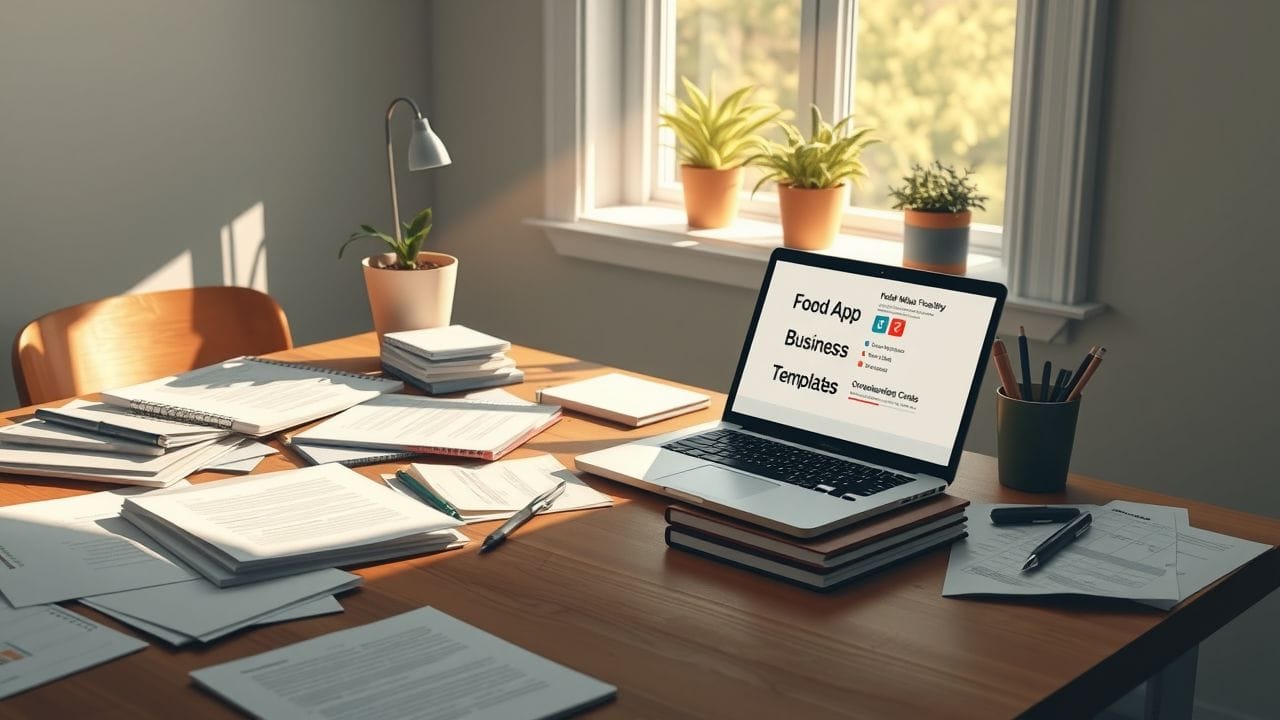 Een rommelige houten tafel met laptop, notitieboekjes en planten.