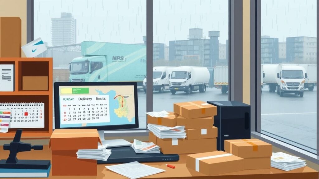 Een rommelig kantoor bureau met een gevoel van drukte.