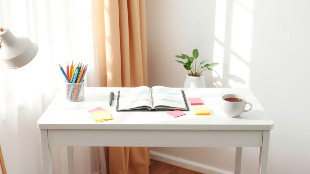 Een georganiseerd thuiskantoor met een planner, pennen en koffie.