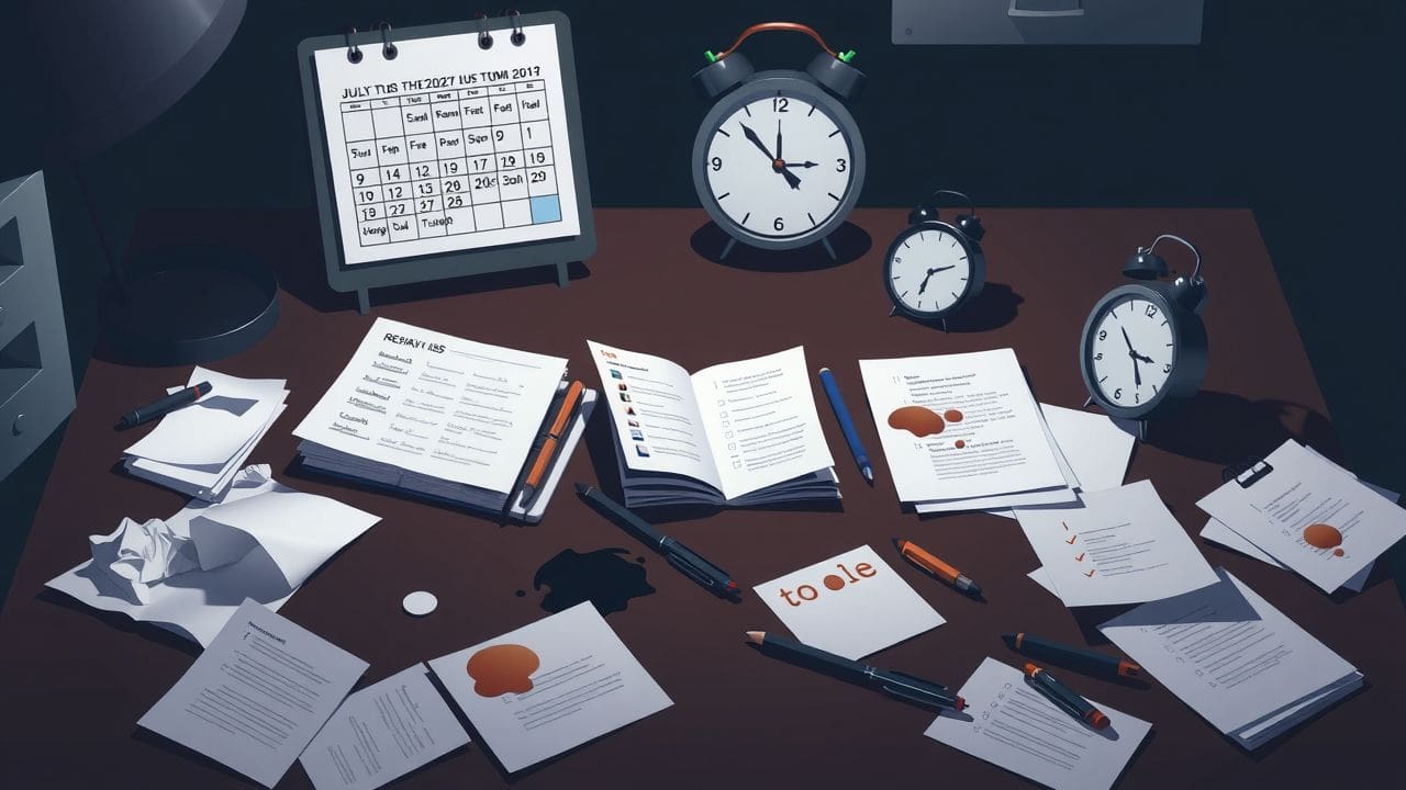 Een rommelig bureau met een drukke sfeer van urgentie.