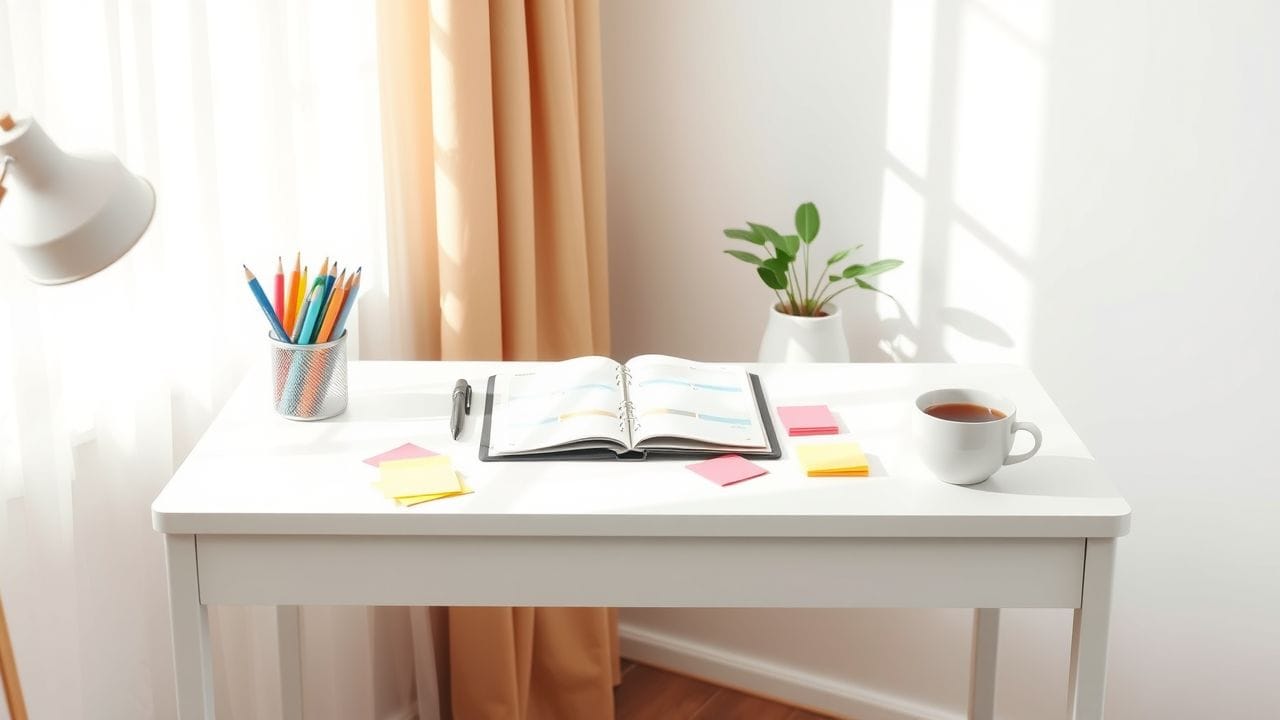 Een georganiseerd thuiskantoor met een planner, pennen en koffie.