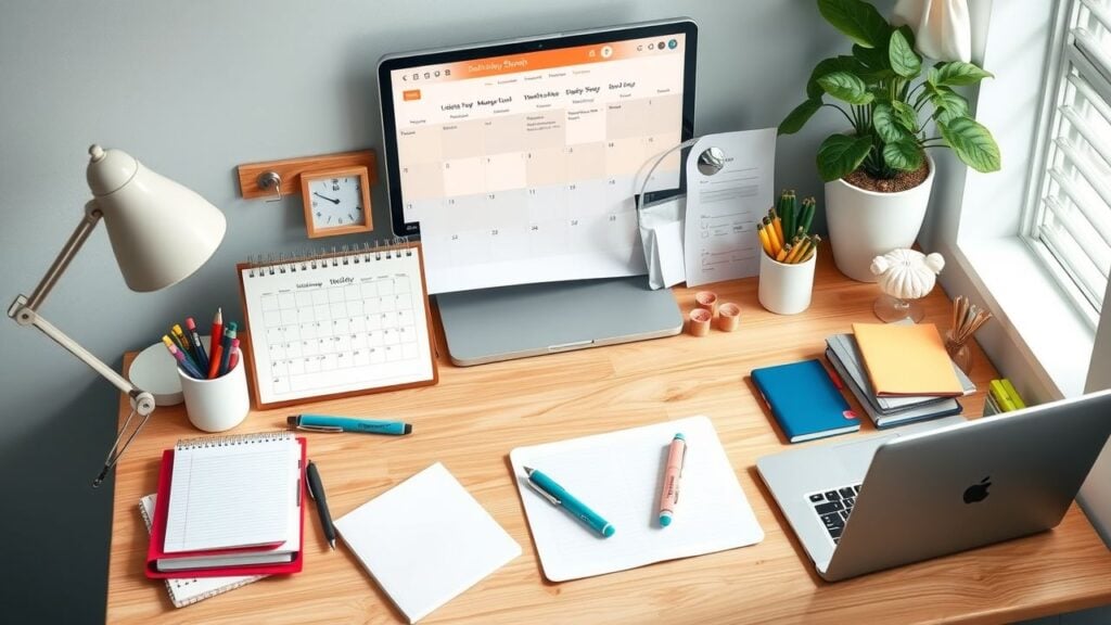 Een opgeruimde en georganiseerde studieruimte met schoolbenodigdheden en decor.