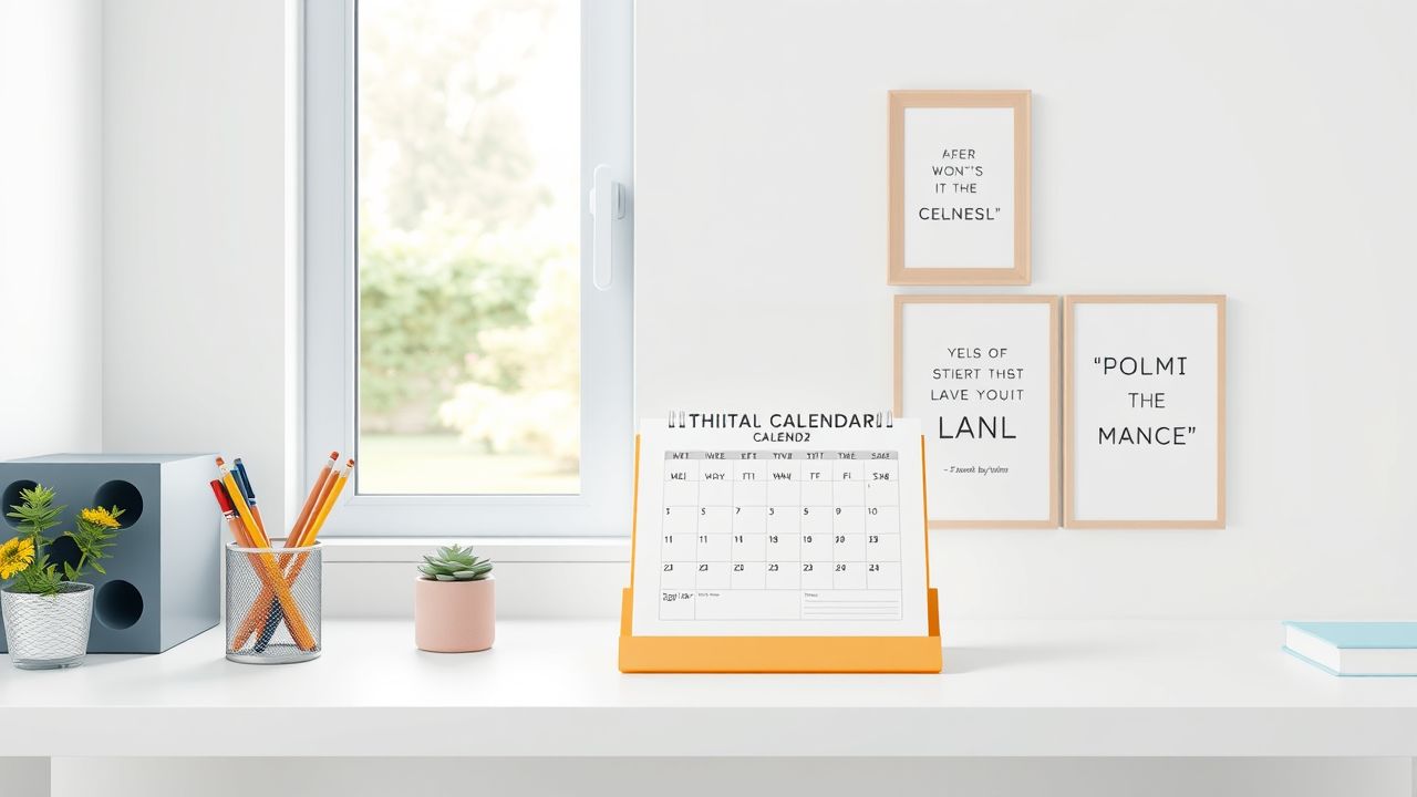 Een goed georganiseerde werkplek met kalender, inspirerende quotes en potloodhouder. Een goed georganiseerde werkplek met kalender, inspirerende quotes en potloodhouder.