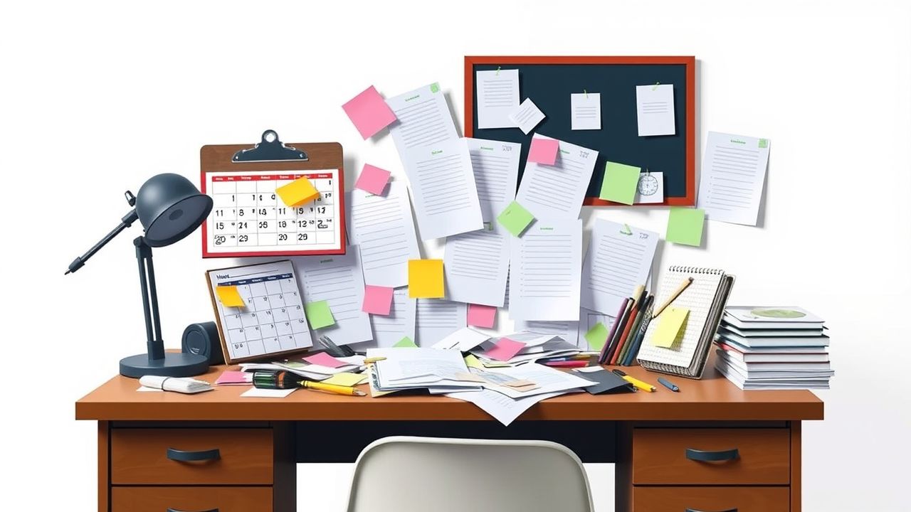 Een rommelig bureau weerspiegelt problemen met tijdbeheer en planning.