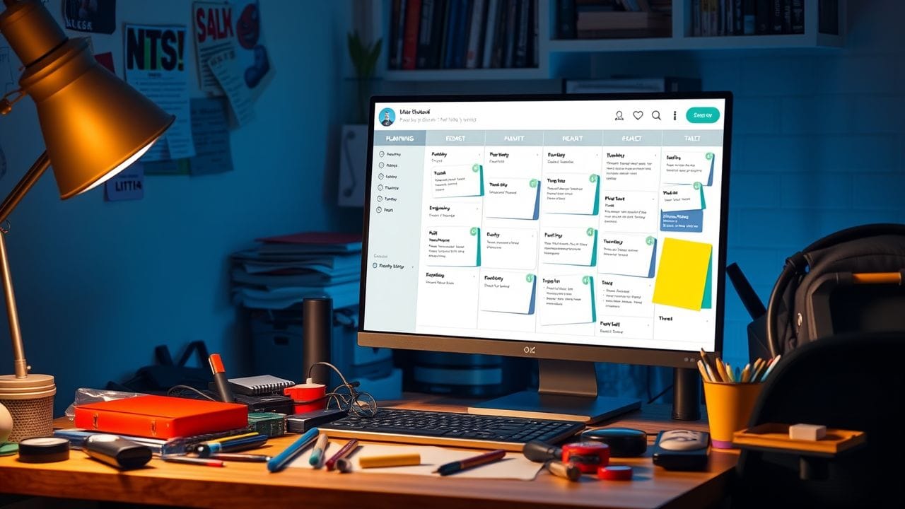 Een digitale planning board op een rommelig bureau, met nadruk op efficiënt taakbeheer.