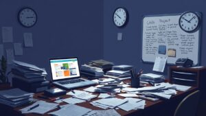 Een rommelig bureau met laptop en whiteboard laat late-night werk zien.