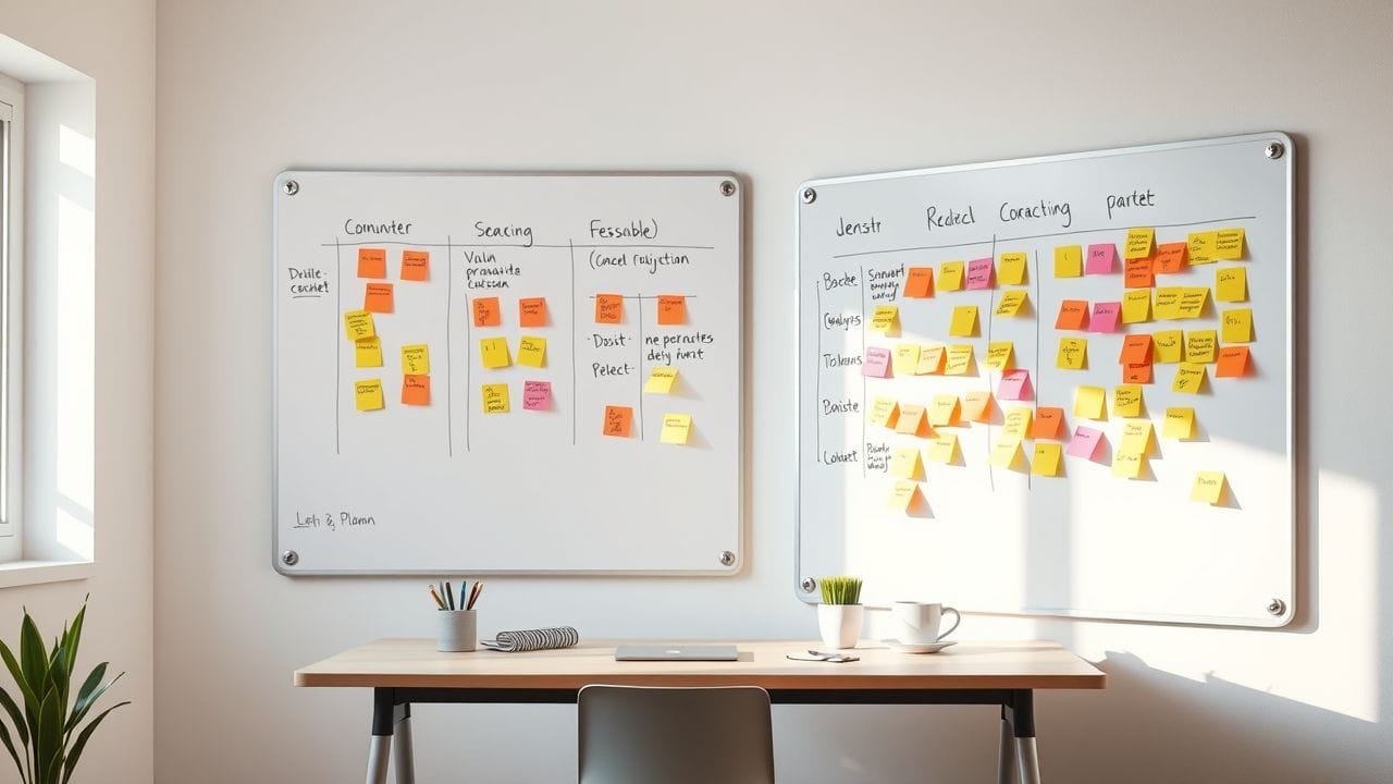 Een opgeruimde werkplek met een whiteboard en projectplanning in het Nederlands. Een opgeruimde werkplek met een whiteboard en projectplanning in het Nederlands.