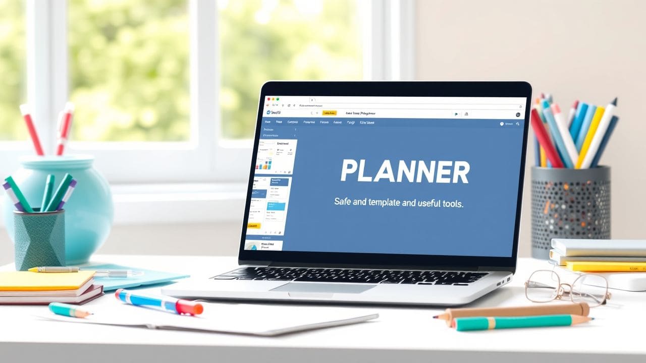 Een open laptop met online planner websites en kantoorbenodigdheden.