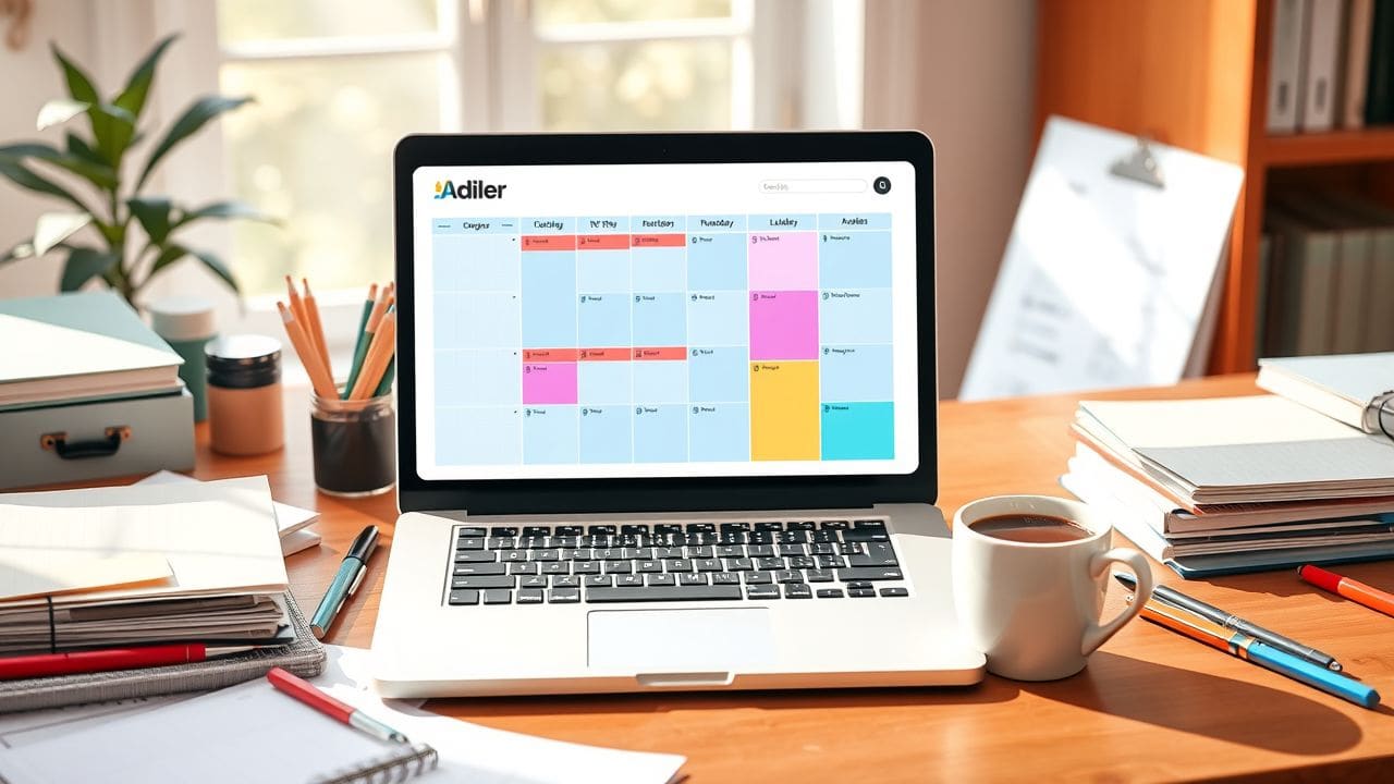 Een rommelig thuiskantoor met een open laptop en digitale planner.
