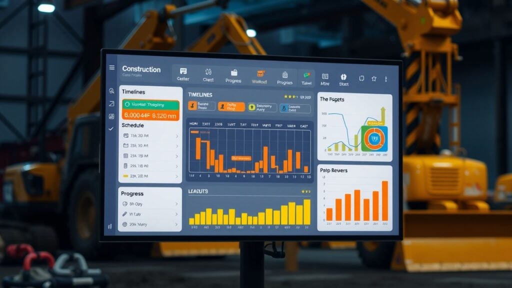 Een flat design digitale interface toont bouwprojectplanning en voortgang.