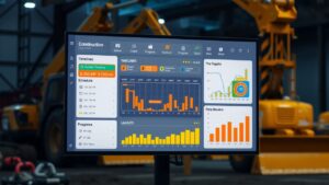 Een flat design digitale interface toont bouwprojectplanning en voortgang.