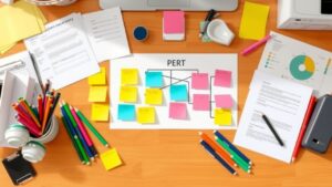 Een opgeruimd bureau met projectmanagementtools en materialen voor het maken van een PERT-planningdiagram.