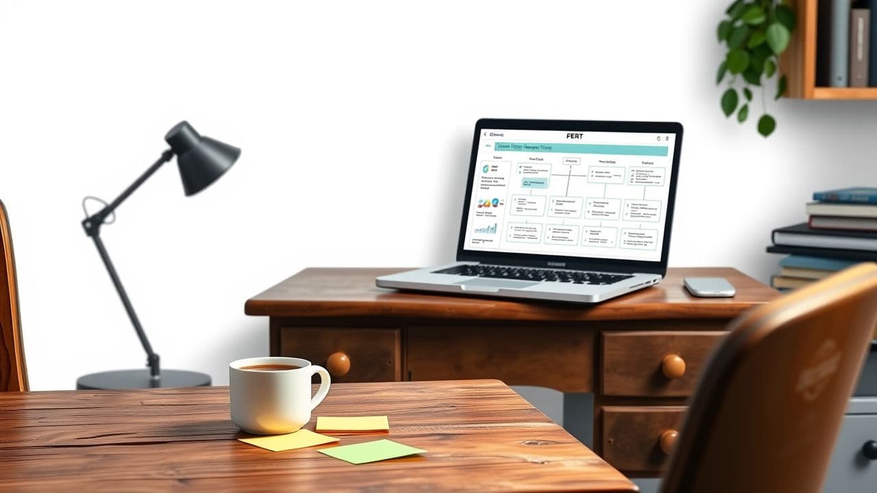 Een gezellig thuiskantoor met een oude houten bureau en een laptop.