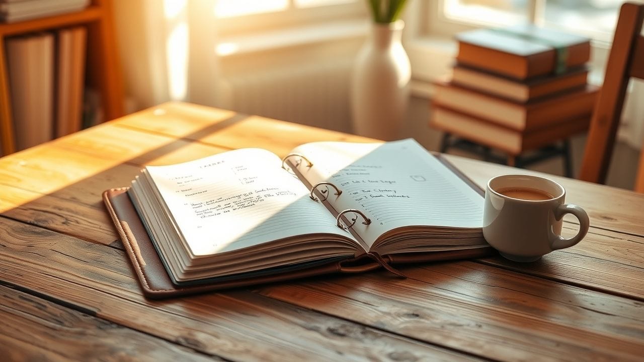 Een goed gebruikt leren planner en koffiekopje op een houten bureau. Een goed gebruikt leren planner en koffiekopje op een houten bureau.