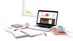 Een rommelig bureau met open laptop, notitieboeken en koffie.