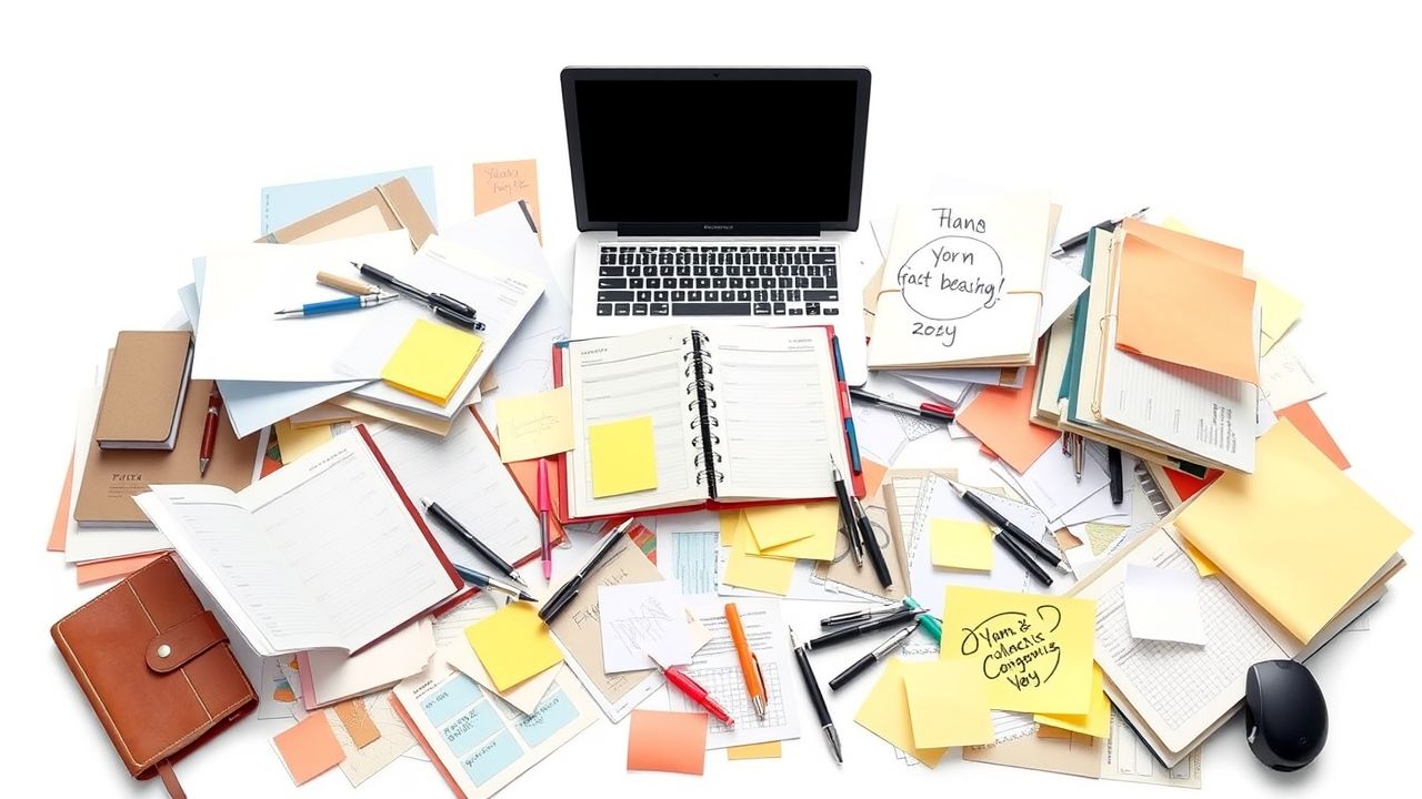Een rommelig bureau vol met notities, planners en pennen.