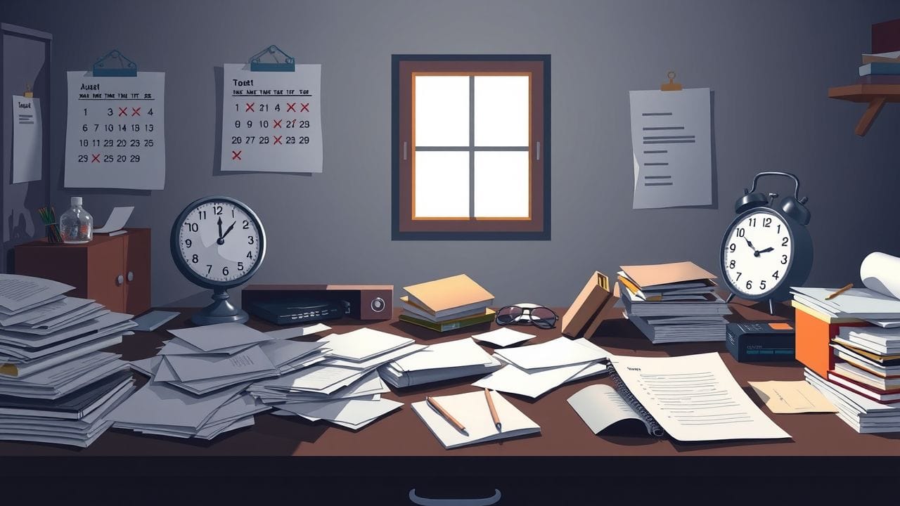 Een rommelig bureau met tijdsdruk en onvoltooide taken.