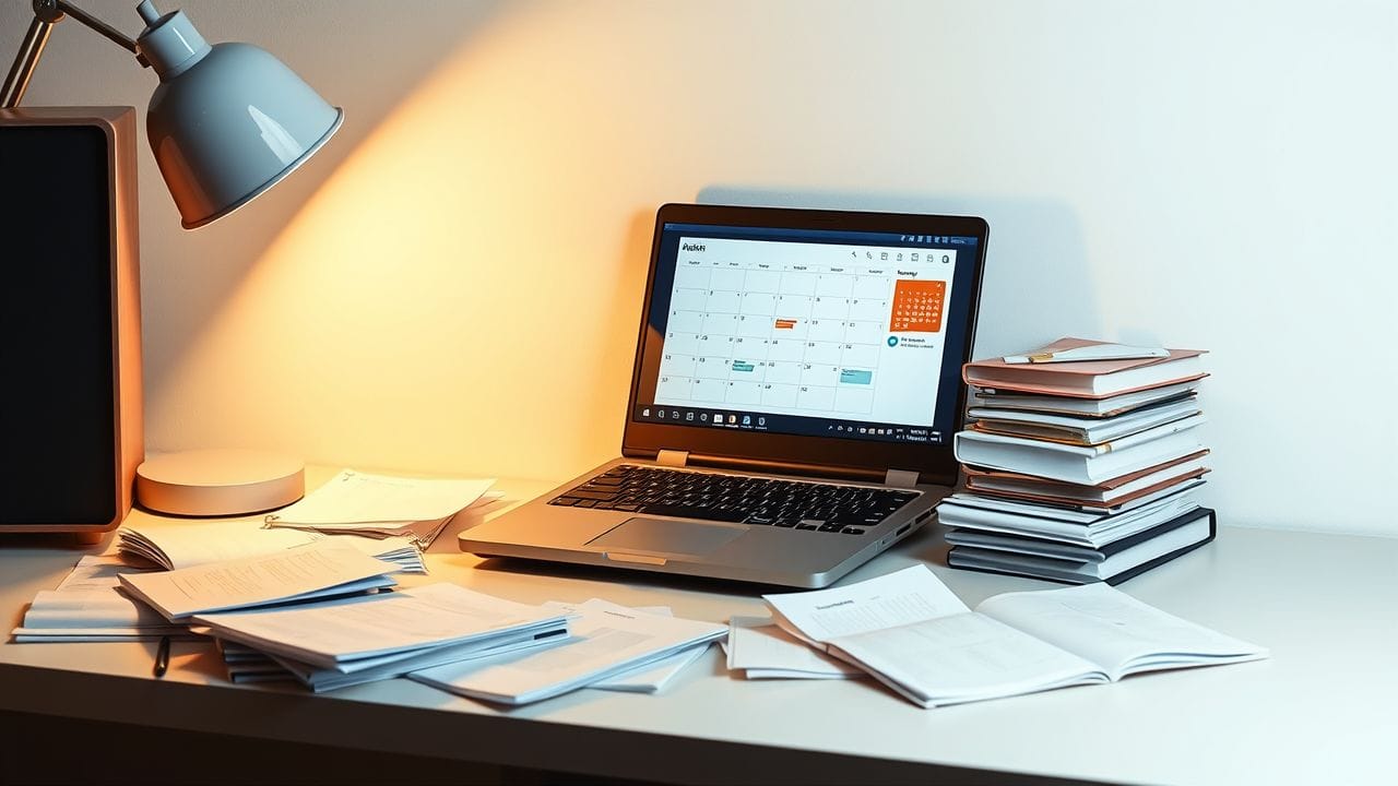 Een rommelig bureau met open laptop, stapel planners en klok.