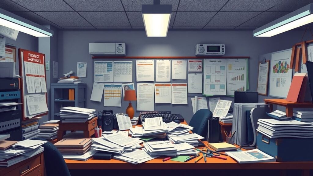 Een rommelig bureau in een druk kantoor met projectplannen en schema's.