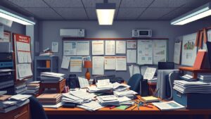 Een rommelig bureau in een druk kantoor met projectplannen en schema's.