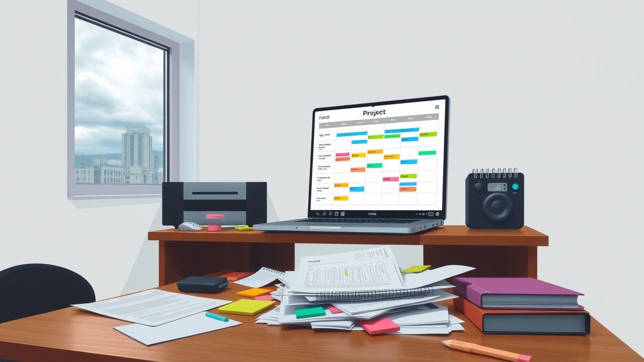 Een rommelig kantoor met een open laptop en agenda. Een rommelig kantoor met een open laptop en agenda.