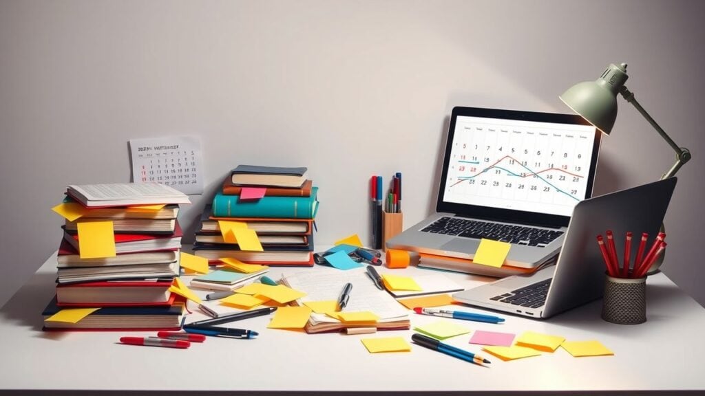 Een rommelig bureau met studiebenodigdheden voor examenvoorbereiding.