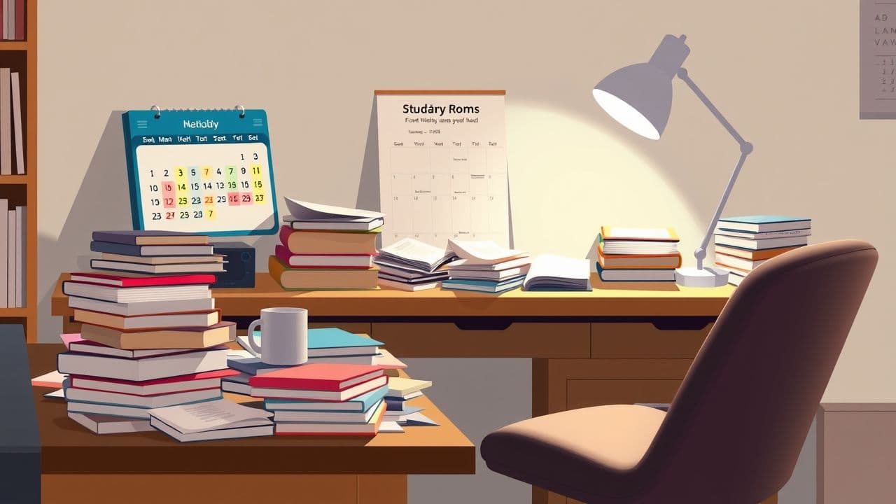 Een rommelig bureau in een gezellige studeerkamer met stapels boeken. Een rommelig bureau in een gezellige studeerkamer met stapels boeken.