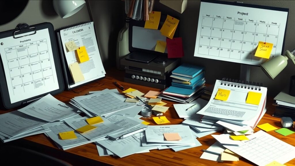 Een rommelig bureau met projectpapieren en notities.