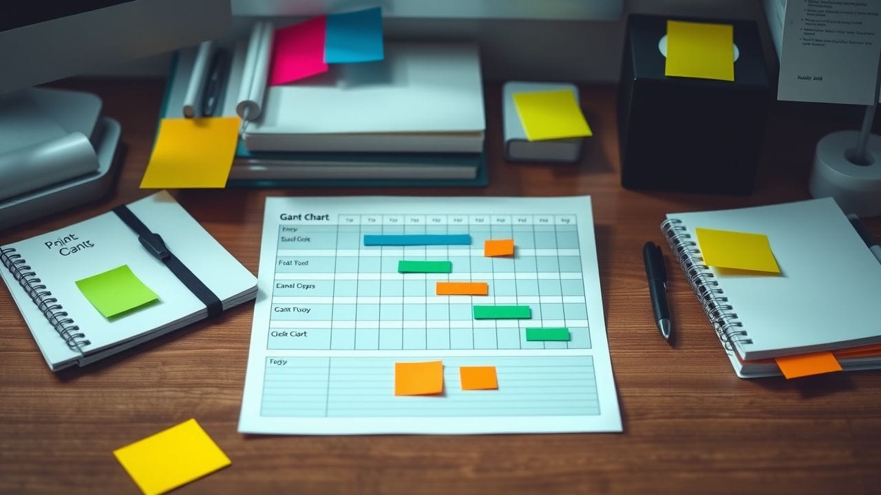 Een plat ontwerp Gantt-diagram op een opgeruimd kantoorbureau.