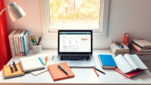 Een tafereel van een kleurrijk bureau met studiematerialen voor Engelse taal.