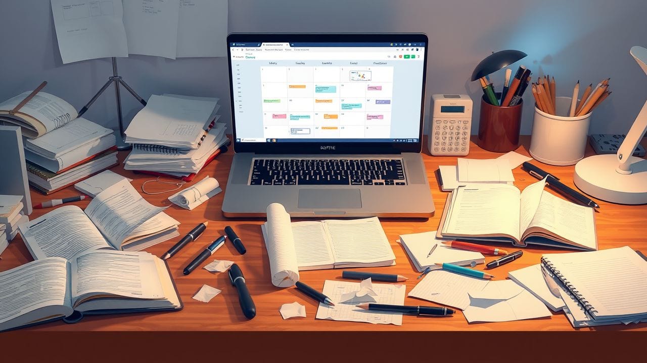 Een rommelig bureau met open notebooks, verspreide pennen en een laptop. Een rommelig bureau met open notebooks, verspreide pennen en een laptop.