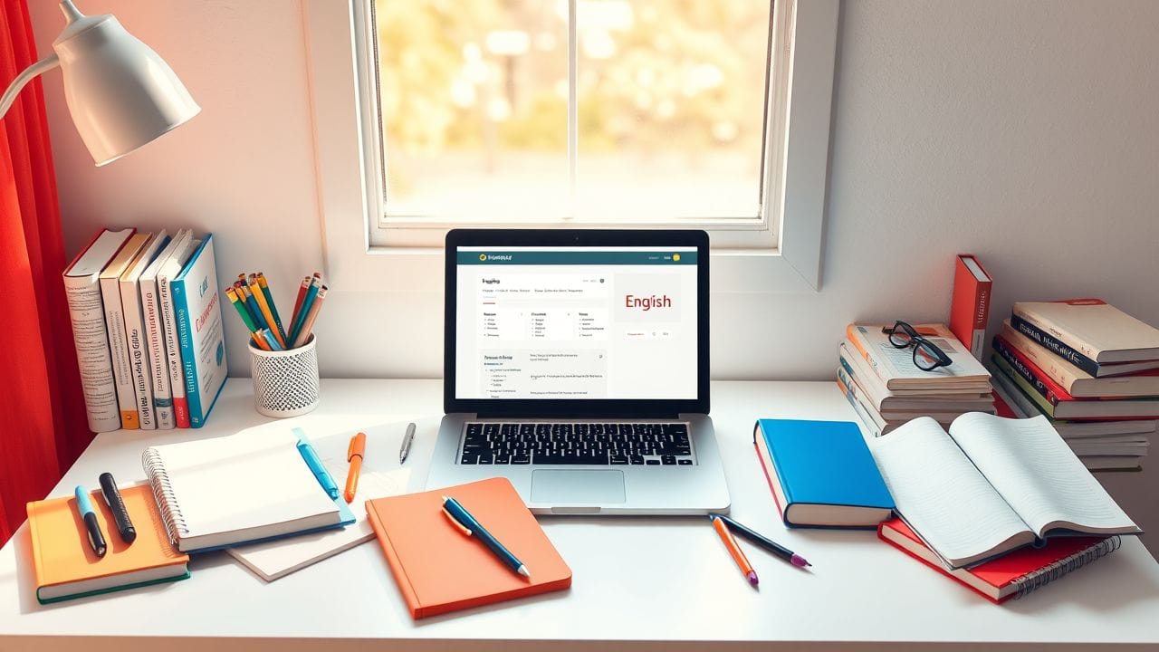 Een tafereel van een kleurrijk bureau met studiematerialen voor Engelse taal.