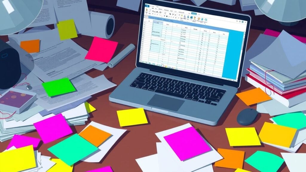 Een rommelig bureau met verspreide papieren en een open laptop.