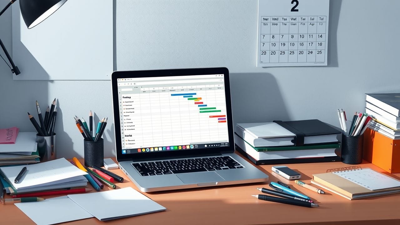 Een rommelig bureau met een open laptop en projectplanning. Een rommelig bureau met een open laptop en projectplanning.