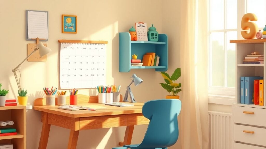 Een vrolijke en georganiseerde kinderstudiehoek met schoolbenodigdheden en kalender.