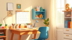Een vrolijke en georganiseerde kinderstudiehoek met schoolbenodigdheden en kalender.
