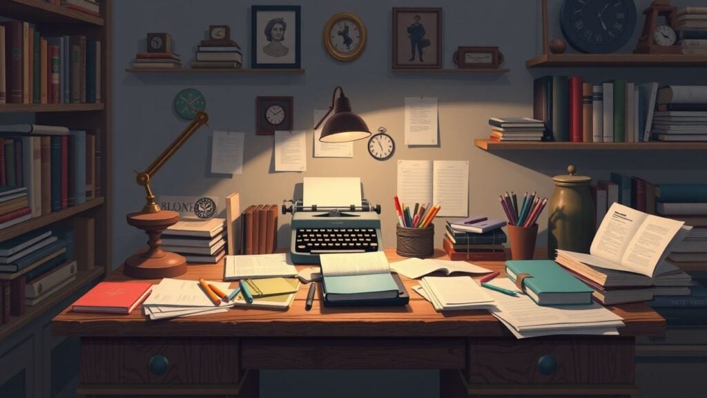 Een rommelig en uitnodigend thuiskantoor met een vintage uitstraling.