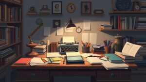 Een rommelig en uitnodigend thuiskantoor met een vintage uitstraling.