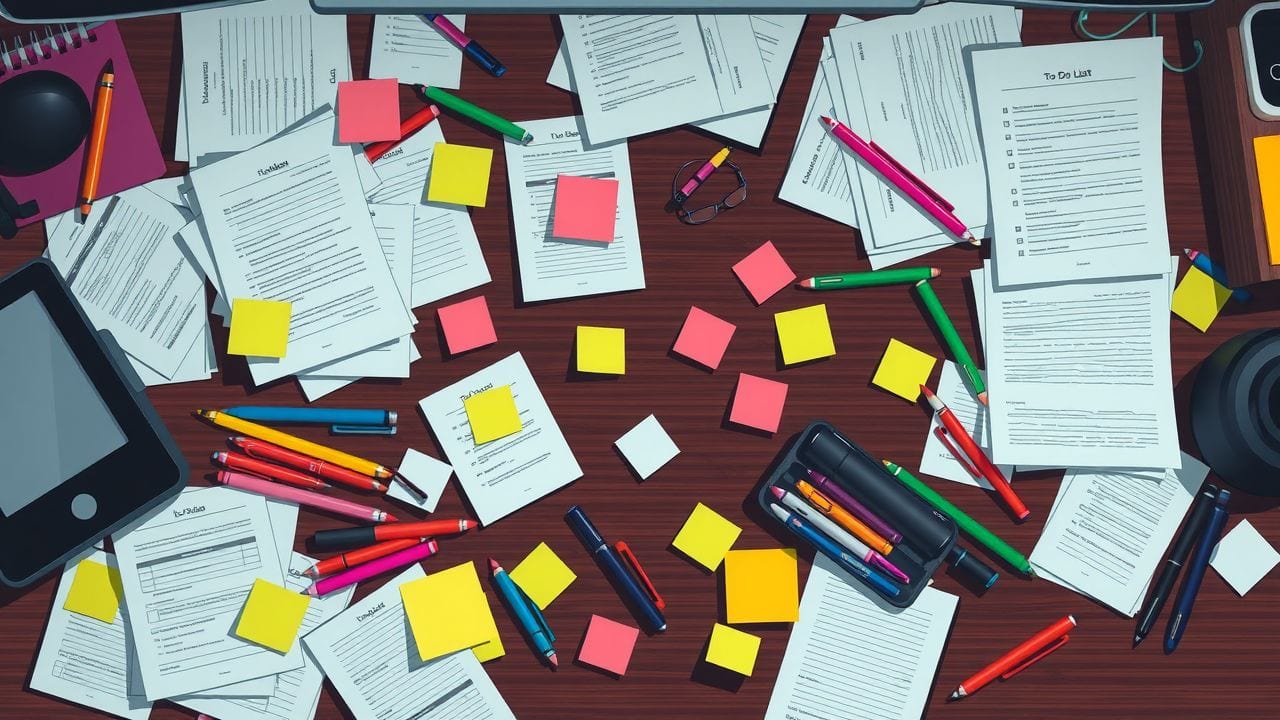 Een rommelig bureau met verspreide notities en pennen. Een rommelig bureau met verspreide notities en pennen.