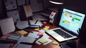 Een rommelig bureau met projectplanningstools en een open laptop.