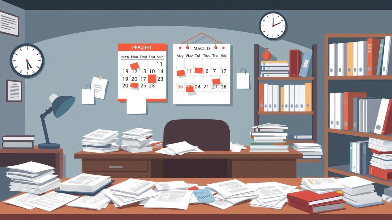 Een rommelig bureau met haastige deadlines en chaos. Een rommelig bureau met haastige deadlines en chaos.