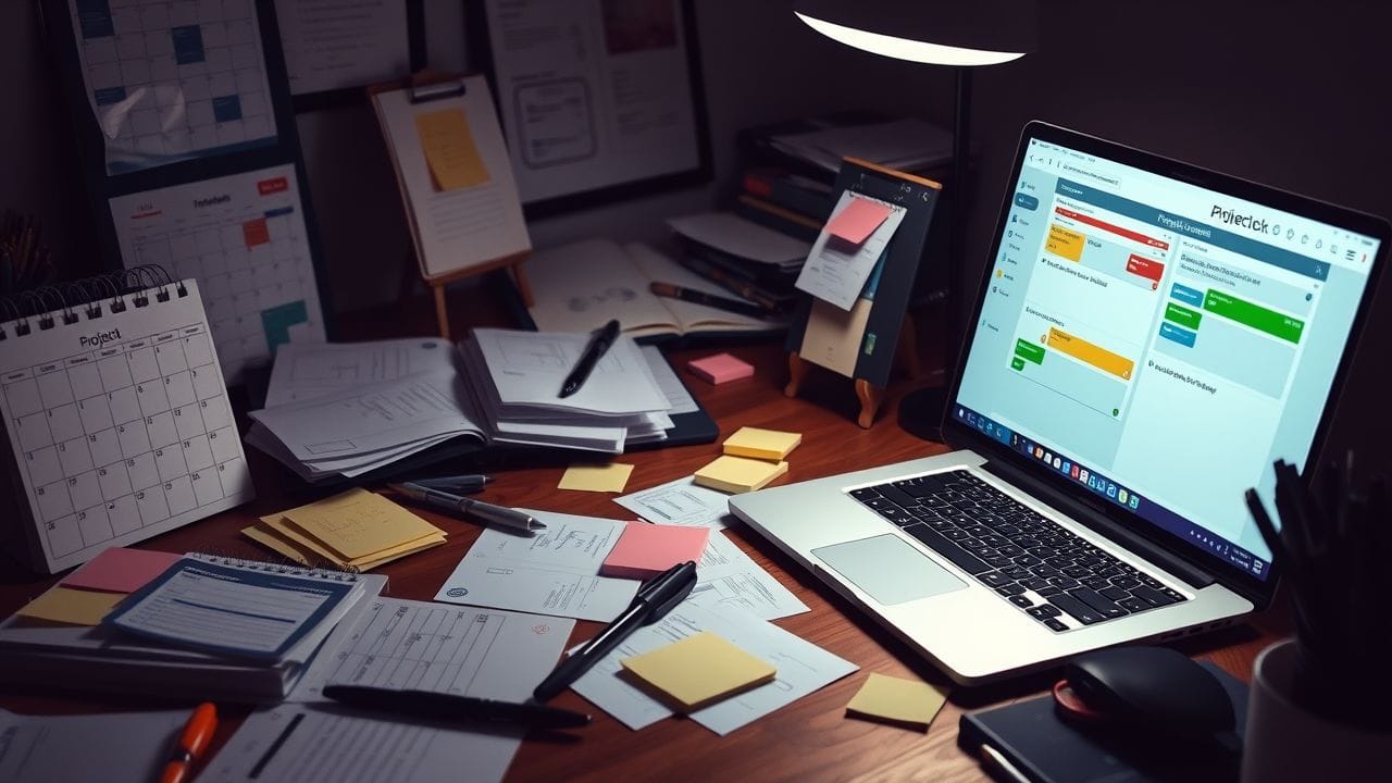 Een rommelig bureau met projectplanningstools en een open laptop.