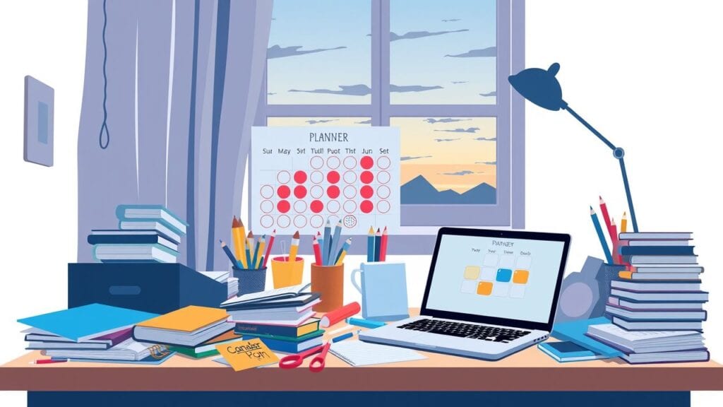 Een rommelig bureau met schoolbenodigdheden en digitale planner op laptop.