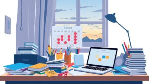 Een rommelig bureau met schoolbenodigdheden en digitale planner op laptop.